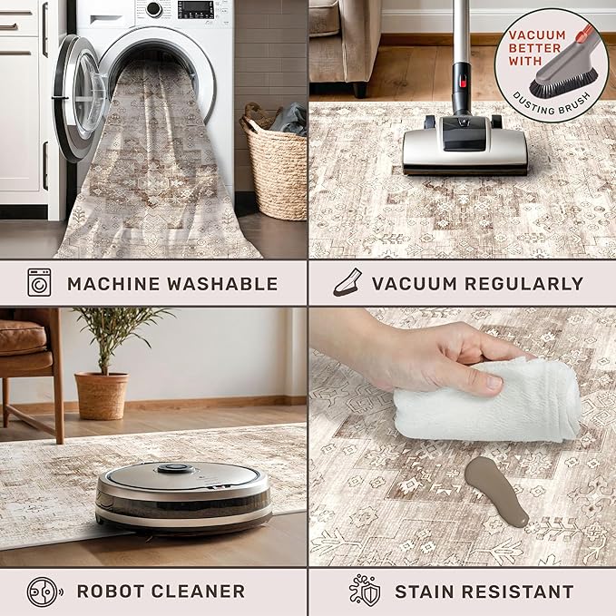 Washable Neutral Farmhouse Large Entryway Rug, 3x5 Area Rugs for Kitchen, Bedroom, Laundry Room, Nursery Room, Boho Vintage Floral Non-Slip Throw Rug Low Pile Stain Resistant (3x5 Beige/Latte)