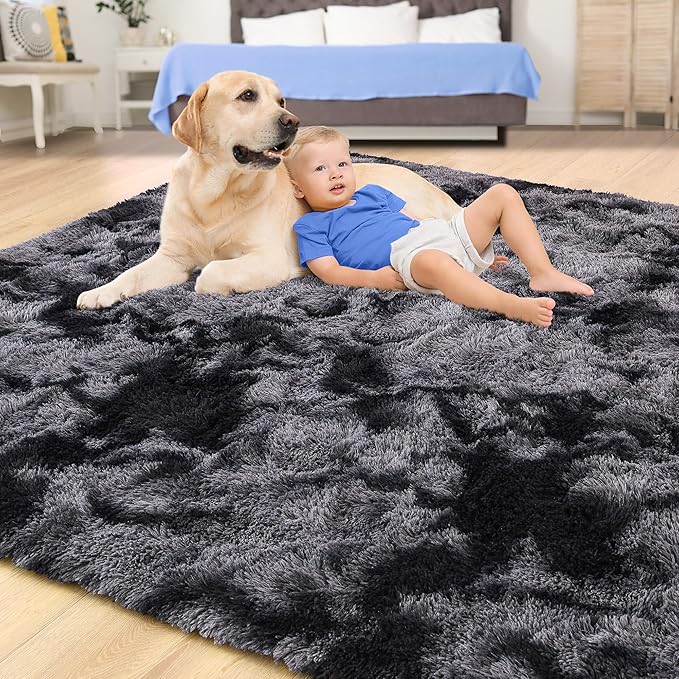 Tepook Fluffy Large Rugs for Living Room, 8x10 Area Rugs for Bedroom, Modern Shag Rug Fuzzy Carpets for Kids Boys Girls, Plush Indoor Nursery Home Decor Rug with Non-Slip Bottom, Tie-dye Dark Grey