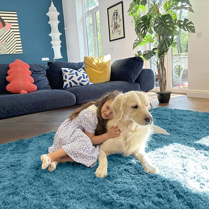 OLANLY 8x10 Machine Washable Large Area Rugs for Living Room, Bedroom, Soft Fluffy Shaggy Bedside Rug, Indoor Floor Carpet for Kids Girls and Boys, Dorms, Nursery, Home Decor Aesthetic, Slate Blue