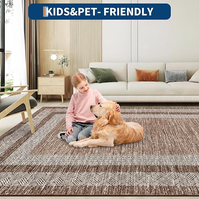 GarveeHome Modern Geometric Rug 4x6 Washable Rug for Living Room, Soft Non Shedding Indoor Carpet with Non Slip TPR Backing, Low Pile Thin Foldable Printed Floor Mats for Dining Room, Brown