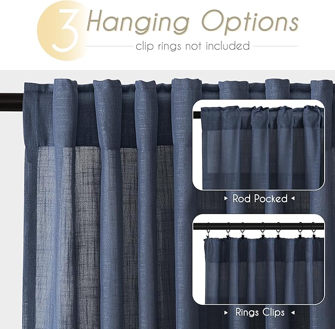 Navy Blue Curtains 72 inch Length for Bedroom Back Tab Light Filtering Semi Sheer Blue Living Room Curtains Linen Cotton Textured Indigo Blue Drapery Panel Modern Farmhouse Aesthetic Decor Dark Blue