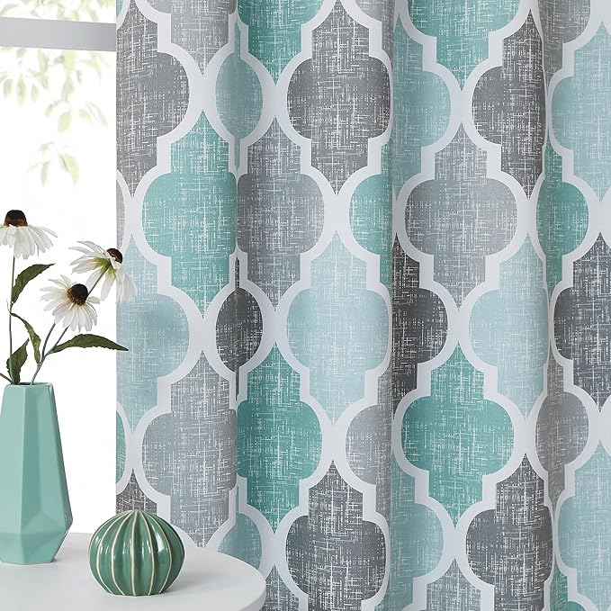 Beauoop 100% Blackout Curtains 72 Inches Long 2 Panels for Bedroom Living Room Aqua Grey Moroccan Geo Room Darkening Thermal Insulated Soundproof Grommet Top Window Treatments Drapes, 50x72 Set of 2