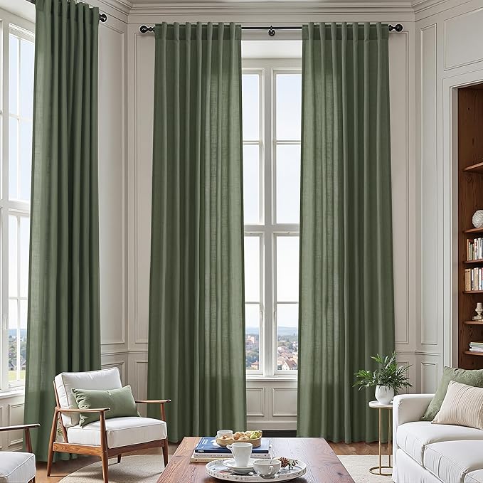 Nanspring 70 Inches Wide Olive Green Linen Curtains for Living Room 2 Panels Set 84 Inch Length Back Tab Light Filtering and Breathability Semi Sheer Curtain for Bedroom 70x84