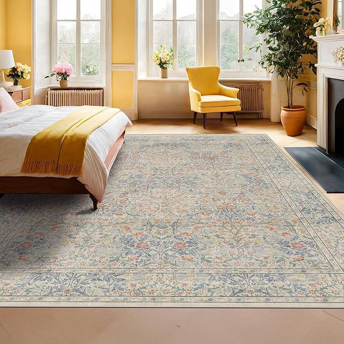 Hazo Haus Washable Dining Room Rugs, 7x9 Area Rug for Living Room, Bedroom, Kids Playroom, Low Pile Non-Slip Lightweight & Stain Resistance - Light Beige Blue Oriental Vintage Design