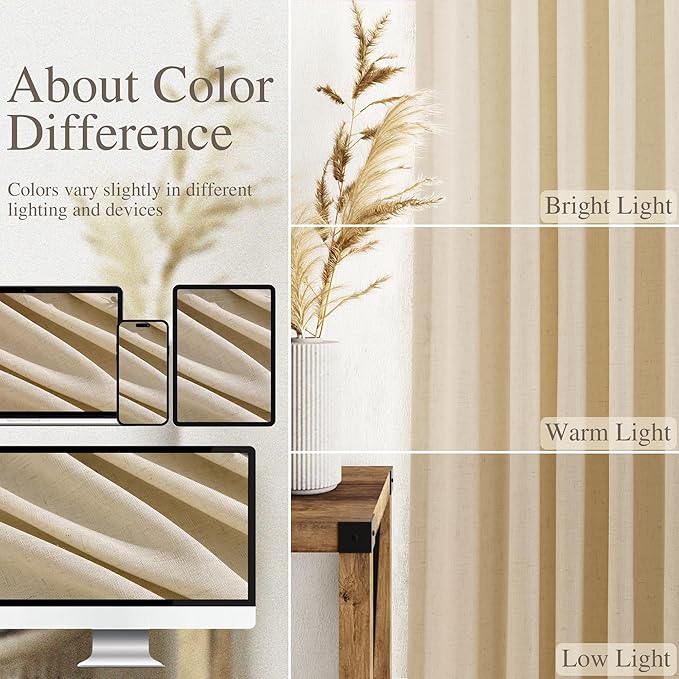 Tan Linen Curtains 96 Inches Long for Living Room Rod Back Tab Vintage Rustic Farmhouse Light Filtering Curtain Burlap Textured Linen Drapes 96 Inch Dinning Room Bedroom 52x96 8FT,2 Panels