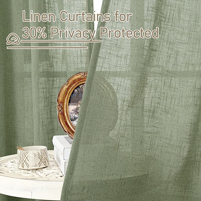 LAMIT Sage Green Linen Curtains 63 Inch for Bedroom, Light Filtering Neutral Semi Sheer Window Curtains Back Tab and Rod Pocket Christmas Panels, 2 Panels, 52 x 63 Inch
