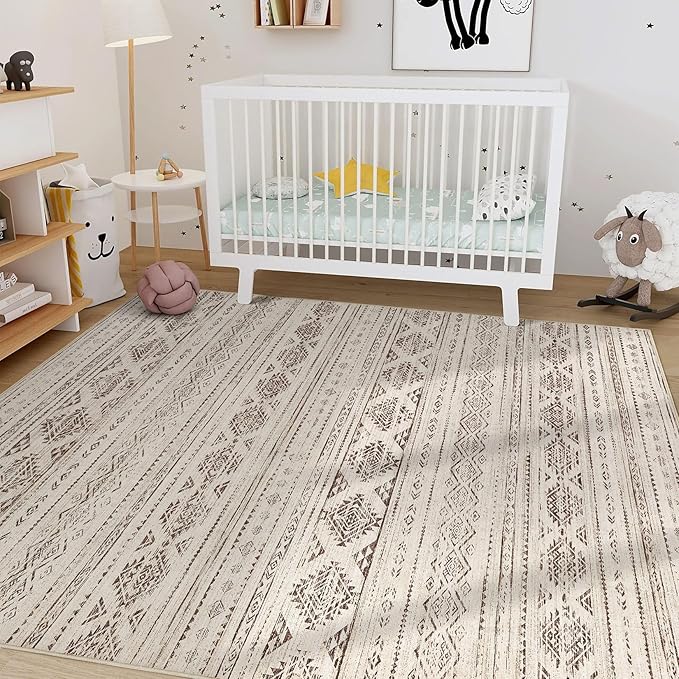 Nakagishi 5x8 Area Rug Living Room: Washable Boho Large Neutral Soft Farmhouse Rugs Stain Resistant Modern Indoor Floor Non-Slip Carpet for Bedroom Nursery Kids Office Dining Room Dorm - Dark Brown