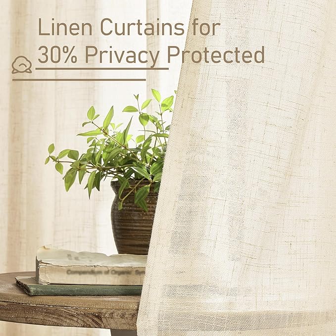 LAMIT Beige Linen Curtains 45 Inches Long for Bedroom, Light Filtering Panels Back Tab and Rod Pocket Neutral Drapes for Kitchen/Window/Loft Room, 52 x 45 Inch, 2 Panels