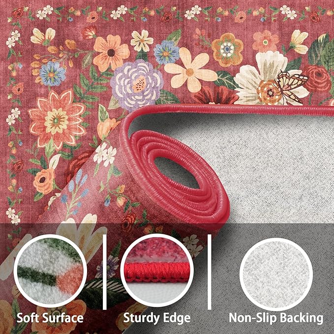 Area Rugs 24x17 Inch Home Decor Entry Rug, Small Door Mat Bath Mats for Bathroom, Ultra-Thin Non Slip Floral Low Pile Tub Mat for Sink Shower Doorway Tub Kitchen Sink(2 x 1.4 ft, Red Garden)
