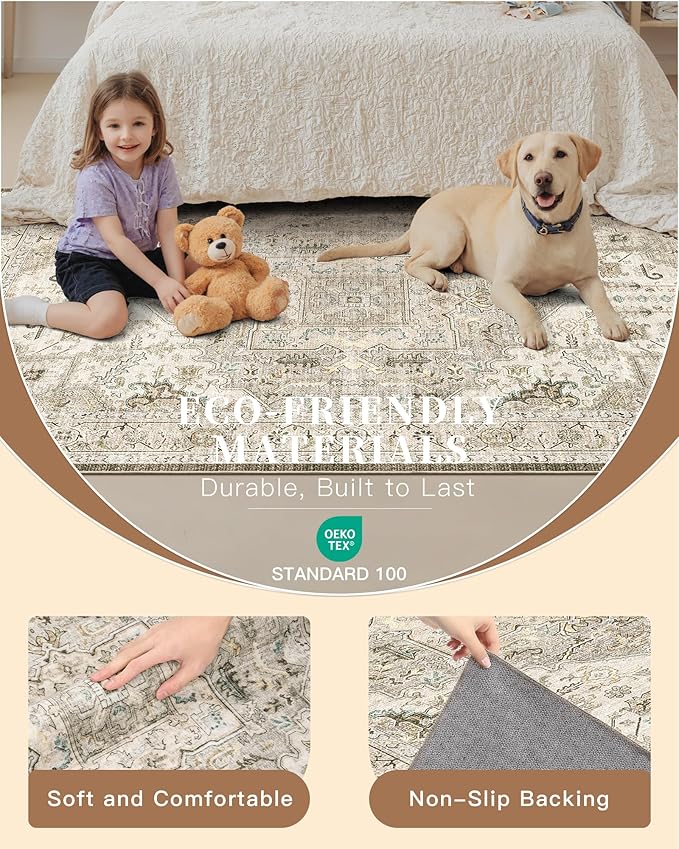 Madane Washable Runner Rug 2x7, Hallway Laundry Room Kitchen, Non Slip Rug Runners with Rubber Backing, Non Skid Stain-Resistant Non Shedding Durable Vintage Runners (2'x7', Ivory/Brown)