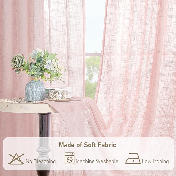 LAMIT 95 Inches Long Pink Linen Curtains for Living Room, Back Tab and Rod Pocket Semi Sheer Curtains Light Filtering Farmhouse Drapes for Bedroom/Dining Room, Set of 2, 52 x 95 Inch