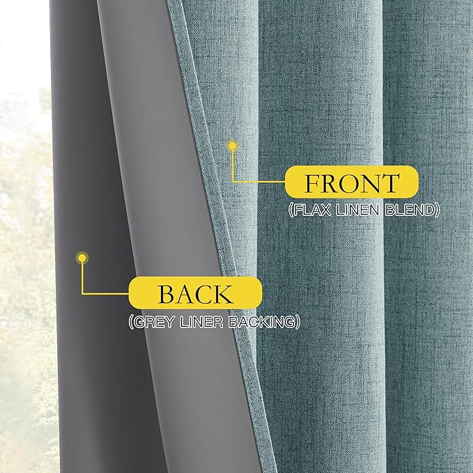 NICETOWN 100% Absolutely Blackout Linen Curtains with Thermal Insulated White Liner, Skylark Blue, 42 inches Wide, 84 inches Length Energy Saving Curtains for Living Room 2 Panels Set, Vertical Blinds