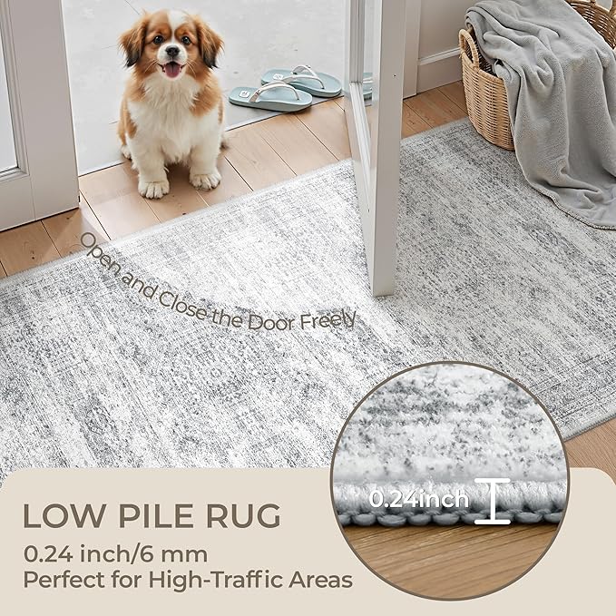 5x7 Area Rugs, Ultra-Thin Washable Rugs for Living Room, Anti-Slip Backing Area Rug for Bedroom, Soft Abstract Vintage Home Decor Rug for Dining Room(5'x7', Grey/Ivory)
