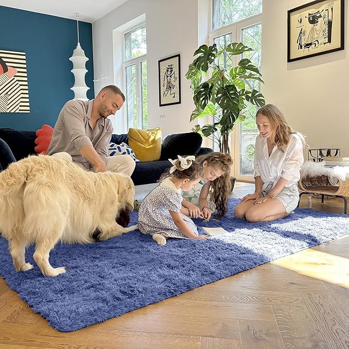 OLANLY 2x5 Machine Washable Runner Rugs for Hallway, Soft Fluffy Shaggy Bedside Rugs for Bedroom, Living Room, Indoor Floor Carpet for Kids Girls and Boys, Home Decor Aesthetic, Denim Blue