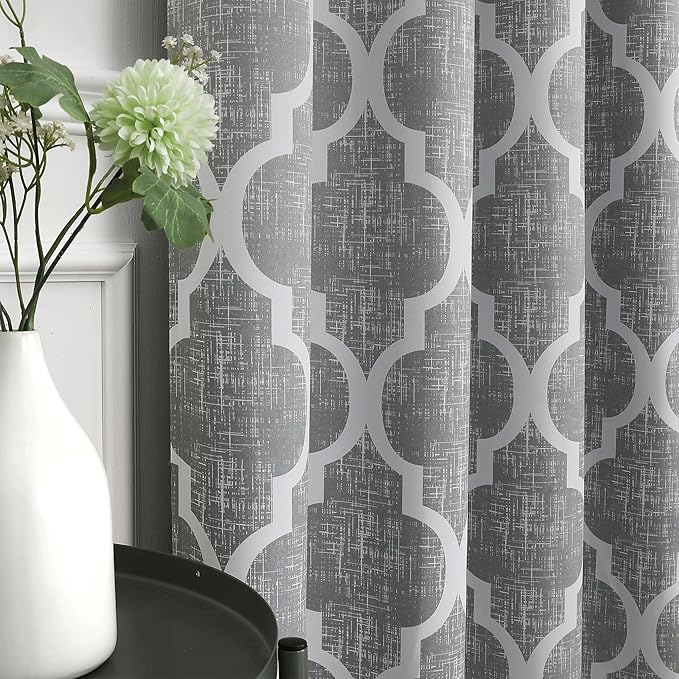 Beauoop 100% Blackout Curtains 96 Inches Long for Patio Sliding Door Grey Extra Wide Moroccan Geo Room Darkening Gray Thermal Soundproof Room Divider Grommet Window Treatment Drapes,100x96 Set of 1