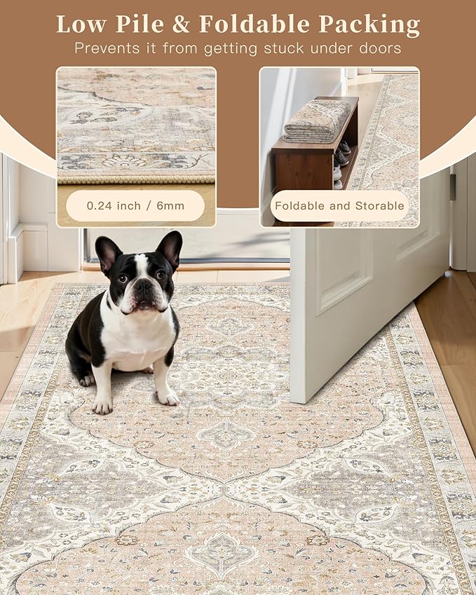 Madane Runner Rugs for Hallway 2x10 Long Washable Non-Slip Hallway Runner Rug Low-Pile Stair Kitchen Runner Throw Carpet for Entrance Living Dining Laundry Room (Pink/Gray, 2 x 10)
