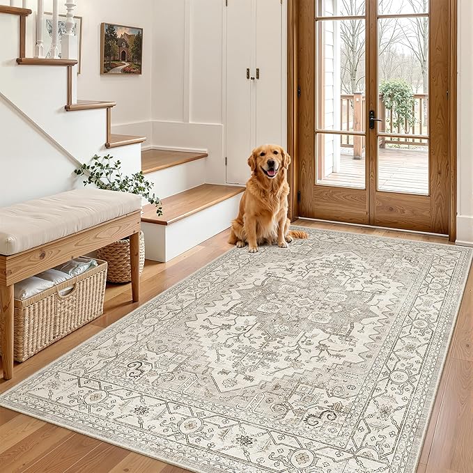 Madane Area Rug 4x6 Washable Rugs: Vintage Living Room Rug Soft Low Pile Non Slip Area Rugs Distressed Indoor Floor Carpet for Bedroom Kitchen Dining Room Home Decor, Beige/Brown