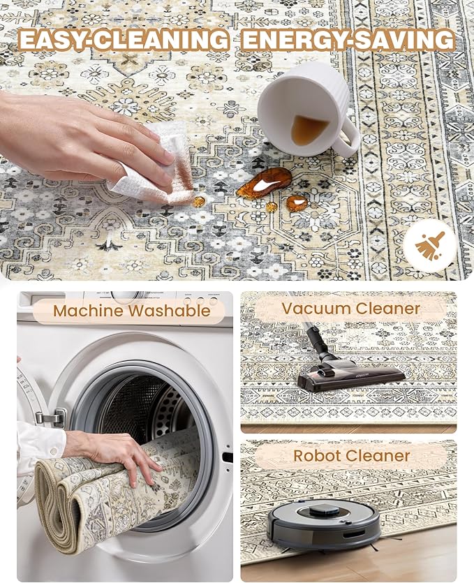 Runner Rug 2x10, Ultra-Thin Kitchen Rugs Non Slip Washable Rugs for Entryway Rug, Kitchen Runner Low Pile Vintage Soft Carpets for Living Room, Bathroom Bedroom (Beige,2'x10')