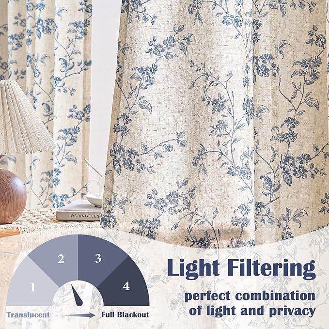 Lazzzy Floral Linen Curtains Farmhouse Extra Long Curtain for Living Room Bedroom Light Filtering Vintage Rod Pocket Back Tab Drapes for Home, 2 Panels, Blue on Beige, W38 X L108