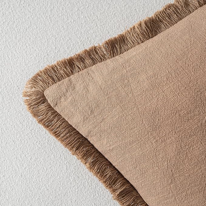 MIULEE Decorative Throw Pillow Covers Neutral Linen Fringe Throw Pillows Euro Shams Set of 2 Brown Boho Farmhouse Cushion Covers for Couch Sofa Bed Living Room Spring Home Decor 26x26 Inch