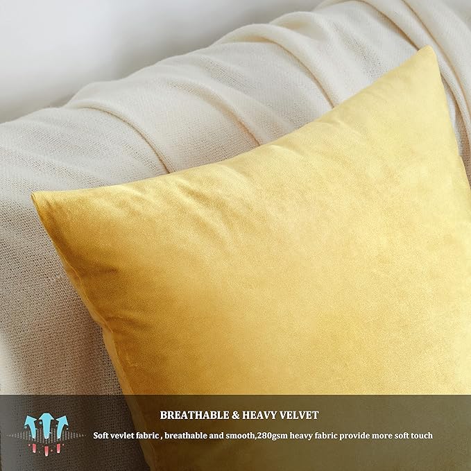 GIGIZAZA 18x18 Yellow Velvet Decorative Throw Pillow Covers for Sofa Bed 2 Pack Soft Cushion Cover