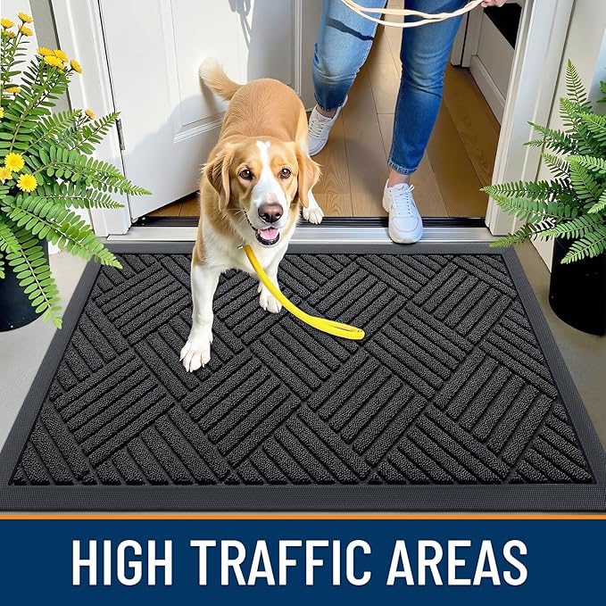 OLANLY Front Door Mat Outside Entrance 47x32, Absorbent, Heavy Duty Sturdy Natural Rubber Doormat Indoor Outdoor, Stain and Fade Resistant, Non-Slip Low Profile Floor Mat for Entryway, Black Diamond