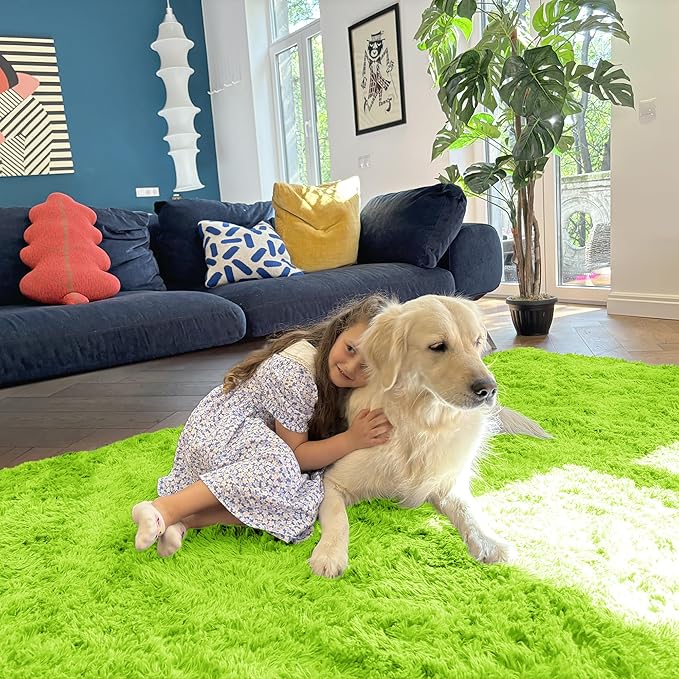 OLANLY 9x12 Machine Washable Large Area Rugs for Living Room, Bedroom, Soft Fluffy Shaggy Bedside Rug, Indoor Floor Carpet for Kids Girls and Boys, Dorms, Nursery, Home Decor Aesthetic, Lime Green