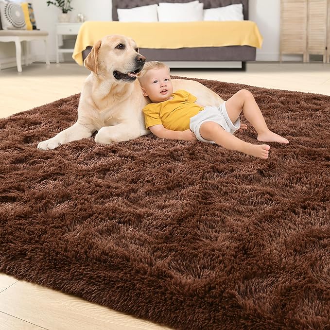 Tepook Super Soft Fluffy Rug for Bedroom, Modern Shaggy Fuzzy Kids Rugs for Living Room, Plush Indoor Nursery Home Decor Dorm Carpet with Non-Slip Bottom, Brown, 3 X 5 Feet