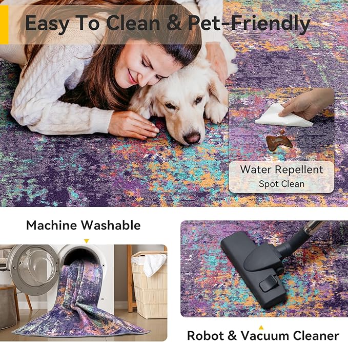 Washable Area Rugs 4ft Non-Slip Modern Abstract Soft for Living Room Entryway Bedroom Nursery, Print Pattern, Purple Orange Blue Green Rust Red Colorful