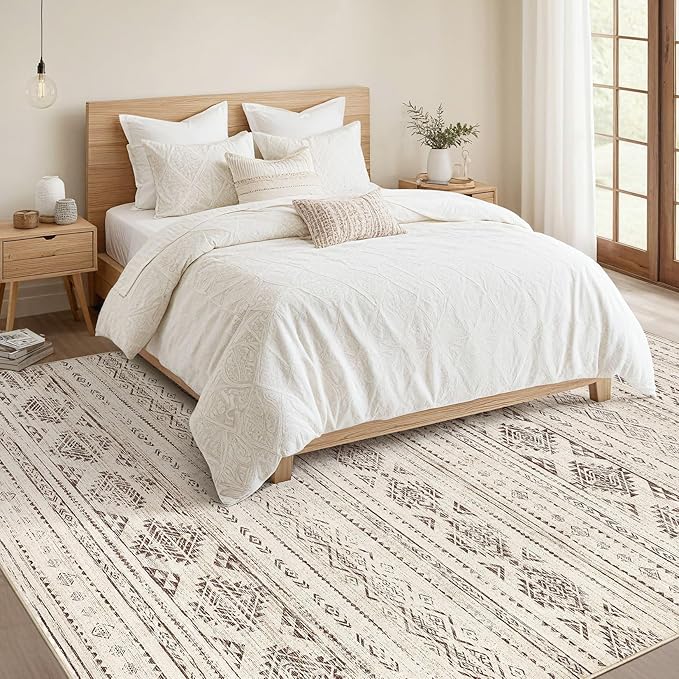 Nakagishi 6x9 Area Rugs Living Room: Washable Boho Large Neutral Soft Farmhouse Rug Stain Resistant Modern Indoor Floor Non-Slip Carpet for Bedroom Nursery Kids Office Dining Room Dorm- Dark Brown