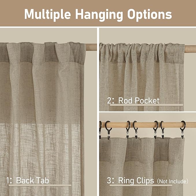 LAMIT 36 Inch Length Linen Curtains for Small Windows, Semi Sheer Light Filtering Panels Back Tab and Rod Pocket Country Decor Drapes for Basement/Kitchen, Taupe, 2 Panels, 34 x 36 Inch