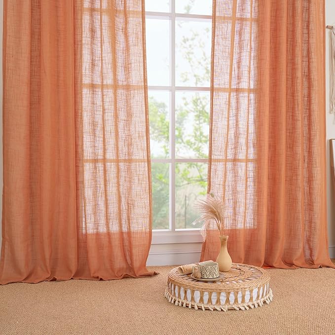 LAMIT Burnt Orange Linen Curtains for Bedroom, 72 Inch Length Light Filtering Semi Sheer Panels Back Tab and Rod Pocket Neutral Drapes for Living Room, 2 Panels, 34 x 72 Inch