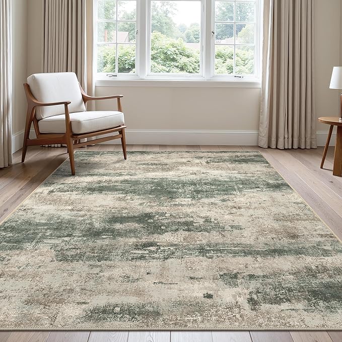 Area Rugs 8x10 for Living Room Bedroom, Modern Abstract Machine Washable Rug, Large Soft Low Pile Floor Cover with Non Slip Backing for Dining Room, Grey/Dark Green