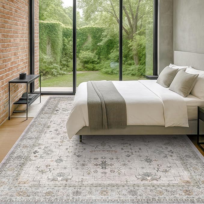 Hazo Haus Boho Light Grey Living Room Rug 10x12 - Modern Vintage Eclectic Floral Pastel Neutral Taupe, Washable Low Pile Non-Slip Extra Large Area Rugs for Dining Under Table Bedroom Lounge