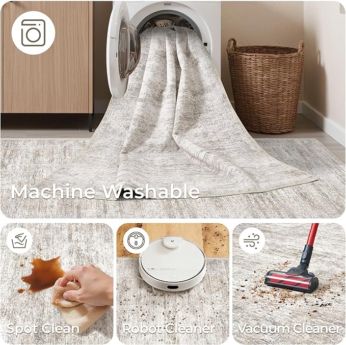 Rug Runners for Hallways Non Slip - 2x8 Runner Rug for Bedroom, Washable Runner with Rubber Backing, Soft Low-Pile Carpet for Kitchen, Laundry, Bathroom (2'x8', Brown/Grey/Ivory)
