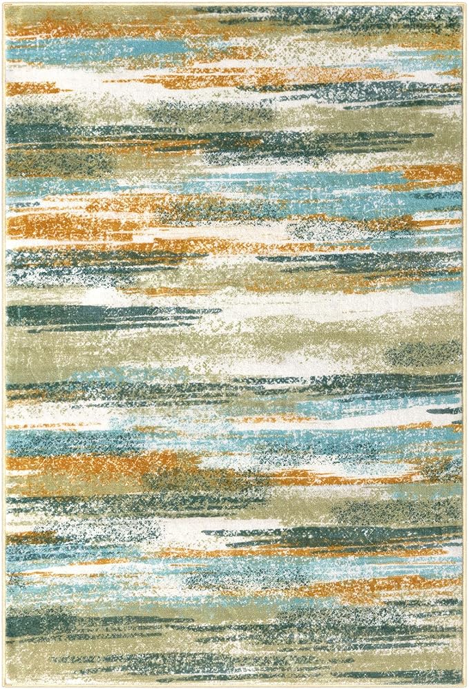 Lansny Modern Abstract Small Area Rug Indoor 3x5 Washable Rug Non-Slip Soft Entryway Rug Green Mustard Multi Kitchen Mats Thin Print Faux Wool Floor Carpet Throw Rugs for Entrance Bedroom Home Decor