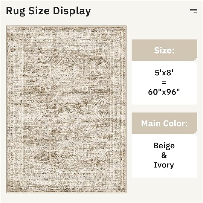 5x8 Area Rugs Brown Low Pile Indoor Washable Trendy Faded Style Rugs for Bedroom Living Room Dining Room Foldable Non-Slip Thin Print Home Office Mat