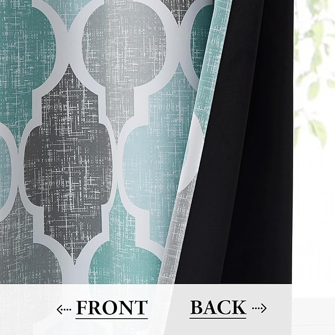 Beauoop 100% Blackout Curtains 54 Inches Long 2 Panels for Bedroom Living Room Aqua Grey Moroccan Geo Room Darkening Thermal Insulated Soundproof Grommet Top Window Treatments Drapes, 50x54 Set of 2