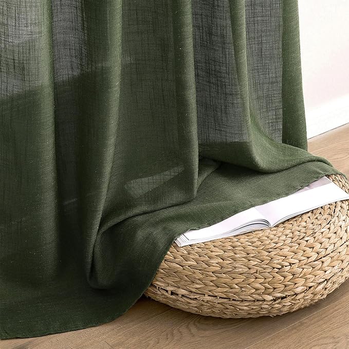 MIULEE Olive Green Linen Curtains 102 Inch Length 2 Panels for Bedroom Living Room, Soft Thick Linen Textured Window Drapes Semi Sheer Light Filtering Back Tab Rod Pocket Burlap Look Decor