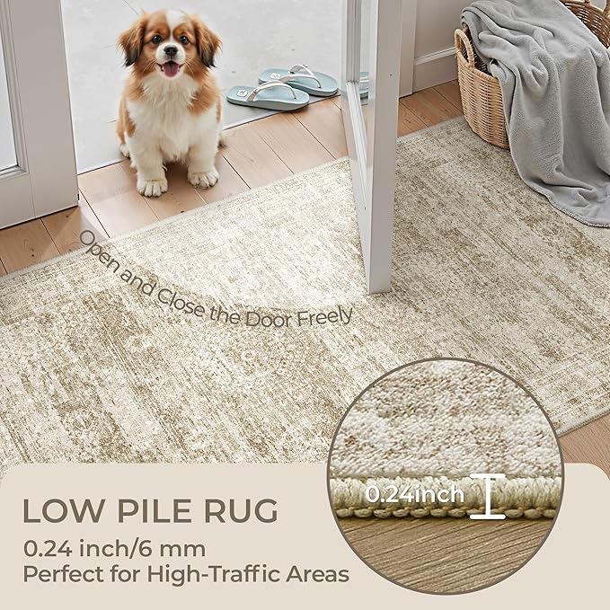 2x3 Washable Rug Runner for Bathroom, Soft Entryway Rug for Laundry Room, Kitchen, Vintage Abstract Hallway Runner for Bedroom, Anti-Slip Door Mat Indoor Entrance(2'x3', Brown/Ivory)