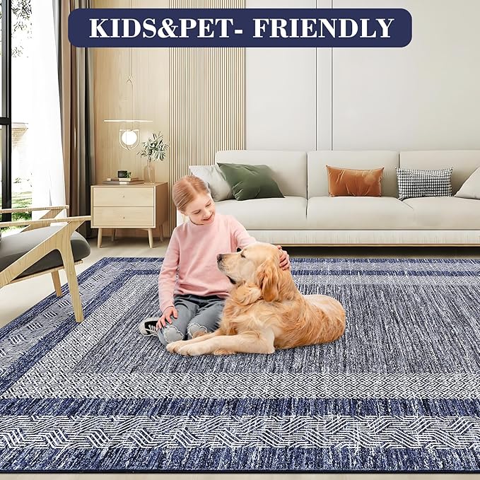 GarveeHome Small Bedroom Area Rug 3x5 Bordered Area Rug for Living Room Nursery Non Slip Kitchen Throw Carpet Low Pile Modern Rugs Washable Bathroom Mat Soft Blue Rugs for Laundry Entryway