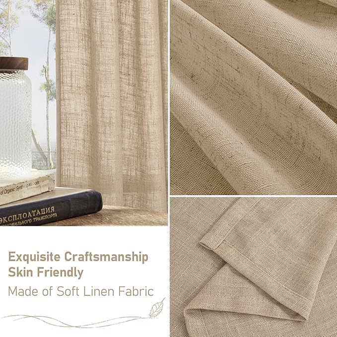 LAMIT Brown Linen Curtains 24 Inch Length, Semi Sheer Light Filtering Window Panels Back Tab and Rod Pocket Drapes for Basement/Small Windows, 25 x 24 Inch, 2 Panels