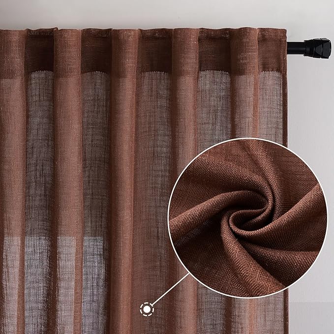 MIULEE Chocolate Brown Linen Curtains 108 Inches Long for Bedroom Living Room, Soft Thick Linen Textured Window Drapes Semi Sheer Light Filtering Rod Pocket Back Tab Burlap Look, 2 Panels