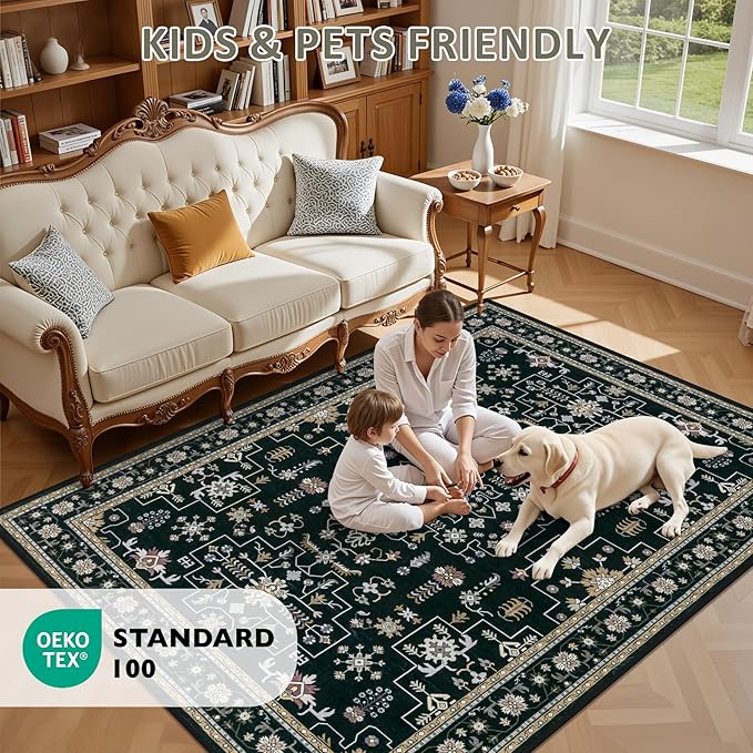 5x7 Area Rugs Living Room Rug: Washable Vintage Boho Medallion Rug No Slip Stain Resistant Soft Carpet Indoor Floor Large Carpets for Bedroom Dining Room Farmhouse Nursery Hallway Home Office Black
