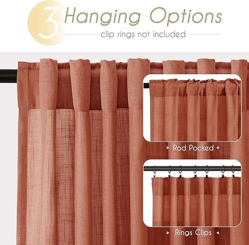 144 inch Linen Terracotta Curtains 2 Panels for Living Room Back Tab Light Filtering Semi Sheer Rust Colored Curtains 144 inches Long Soft Thick Cotton Cloth Textured Rustic Boho Farmhouse Room Decor
