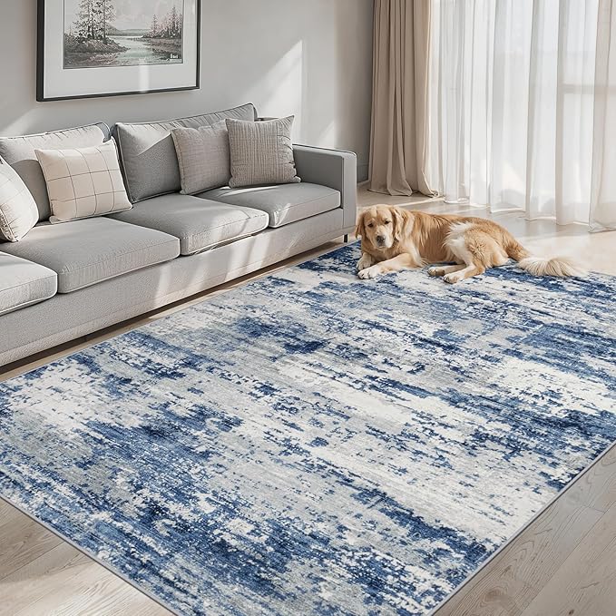 8x10 Area Rugs for Living Room - Washable Rug Modern Abstract Soft Large Neutral Non-Slip Carpet Indoor Floor Thin Carpets for Bedroom Dining Room Farmhouse Nursery Home Office Blue Gray