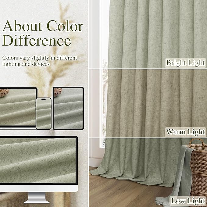 Sage Green 100% Blackout Linen Curtains 144 Inch Length 2 Panels Set for Living Room Bedroom Back Tab Thermal Insulated Black Out Drapes Room Darkening Farmhouse Style for Bedroom Window Curtains