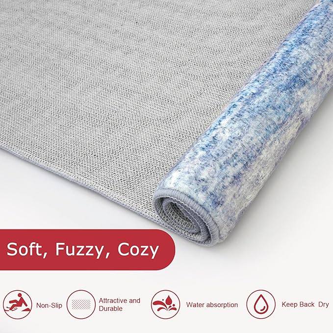 KOZYFLY Modern Abstract Washable Rug Runner 2x7 Hallway Runner Rug Non-Slip Soft Kitchen Runner Rugs, Print Blue/Grey/Beige Striped Carpet Runner for Entryway Bathroom Laundry Room Foyer