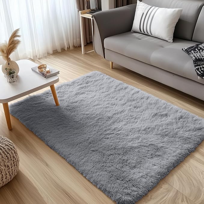 OLANLY 4x4 Machine Washable Accent Rug, Soft Fluffy Shaggy Area Rug for Bedroom, Living Room, Indoor Floor Carpet for Kids, Nursery, Home Decor, Light Grey