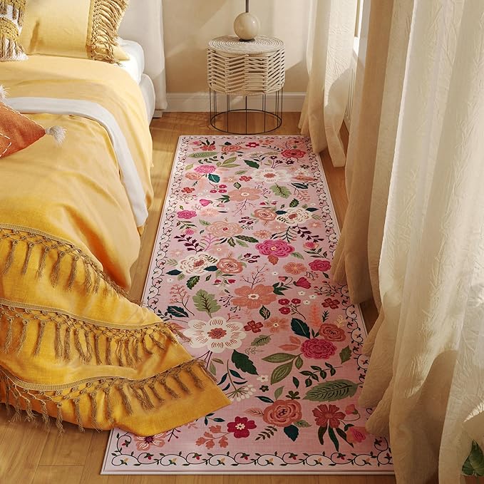 Rugcomf Runner Rug for Hallways Kitchen Rug Non Slip 2'x 6' Washable Rugs with Rubber Backing Soft Floral Carpet Runner for Hallways, Kitchen, Laundry, Bedroom, Bathroom(Pink)
